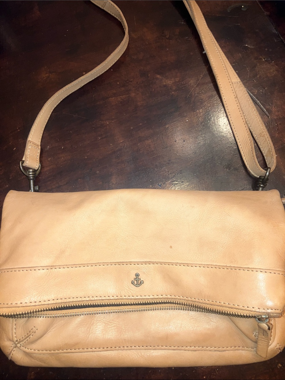 Leather Crossbody Bag with Anchor Accent in Tan